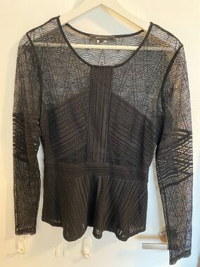BCBGMaxAzria Black Lace Peplum Long-Sleeve Top